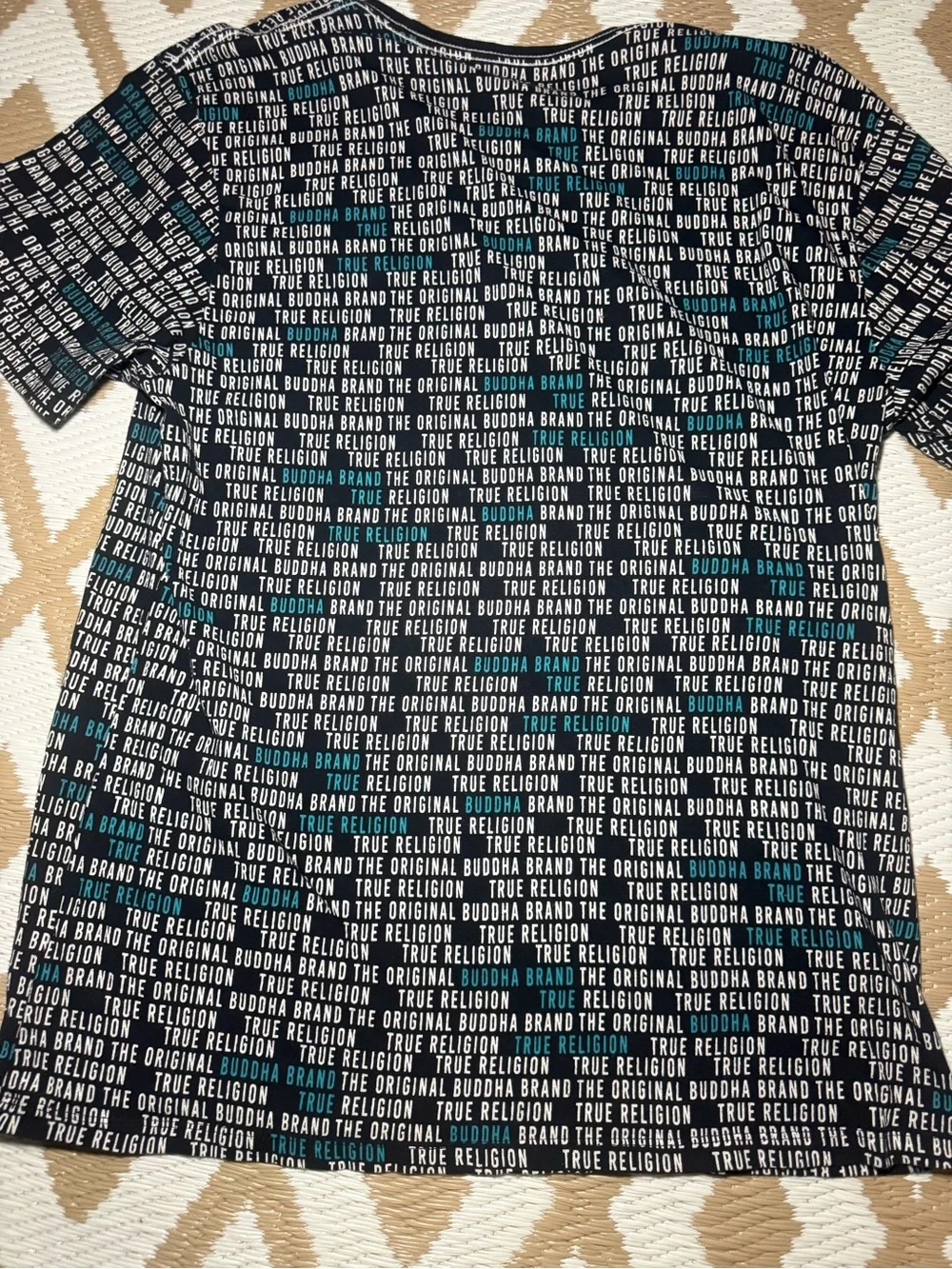True Religion Black Short Sleeve Tee with White Logo and Teal Stripes